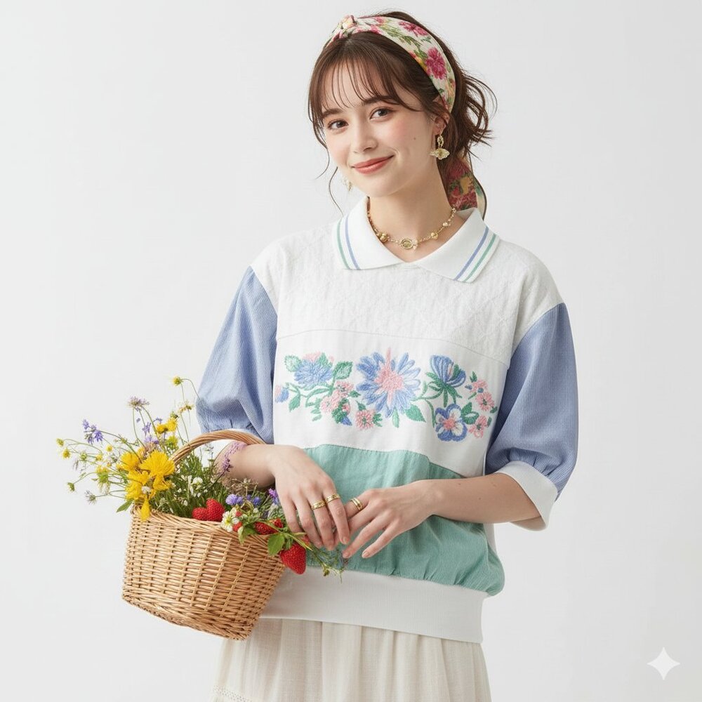 Vintage Floral Puffy Paint Short Sleeve Sweatshirt Medium Cottage Granny Retro